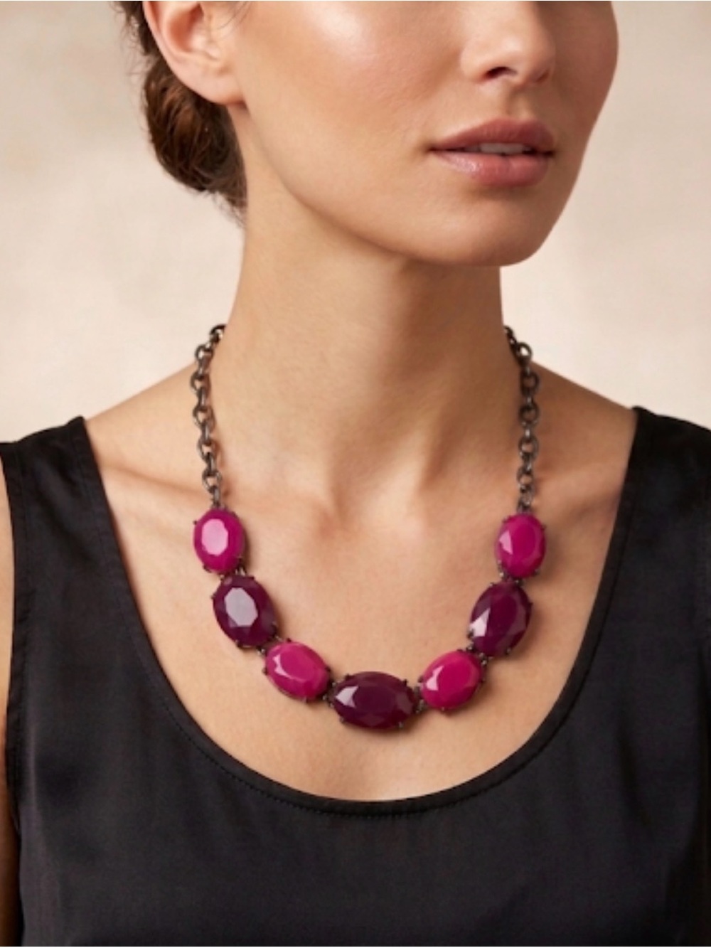 Bold Fuchsia & Berry Statement Necklace | Chunky Oval Gems | Gunmetal Chain